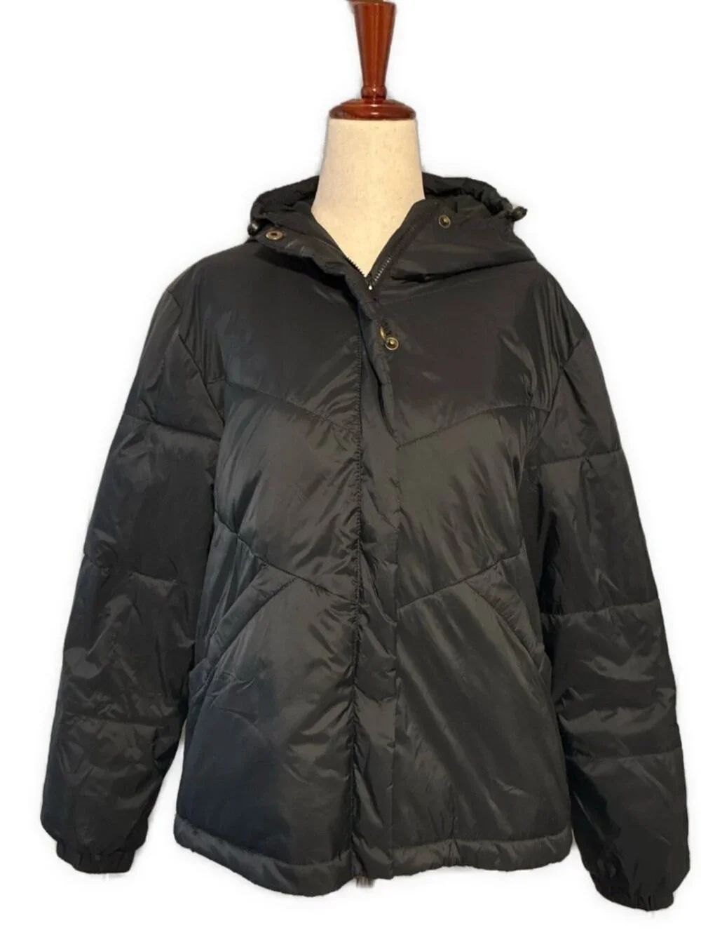 Madewell chevron Solid Black PrimaLoft Hooded Long Sleeve Puffer Jacket Small